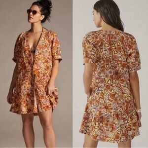 Anthropologie Puffed Sleeve Floral Print Mini Dress